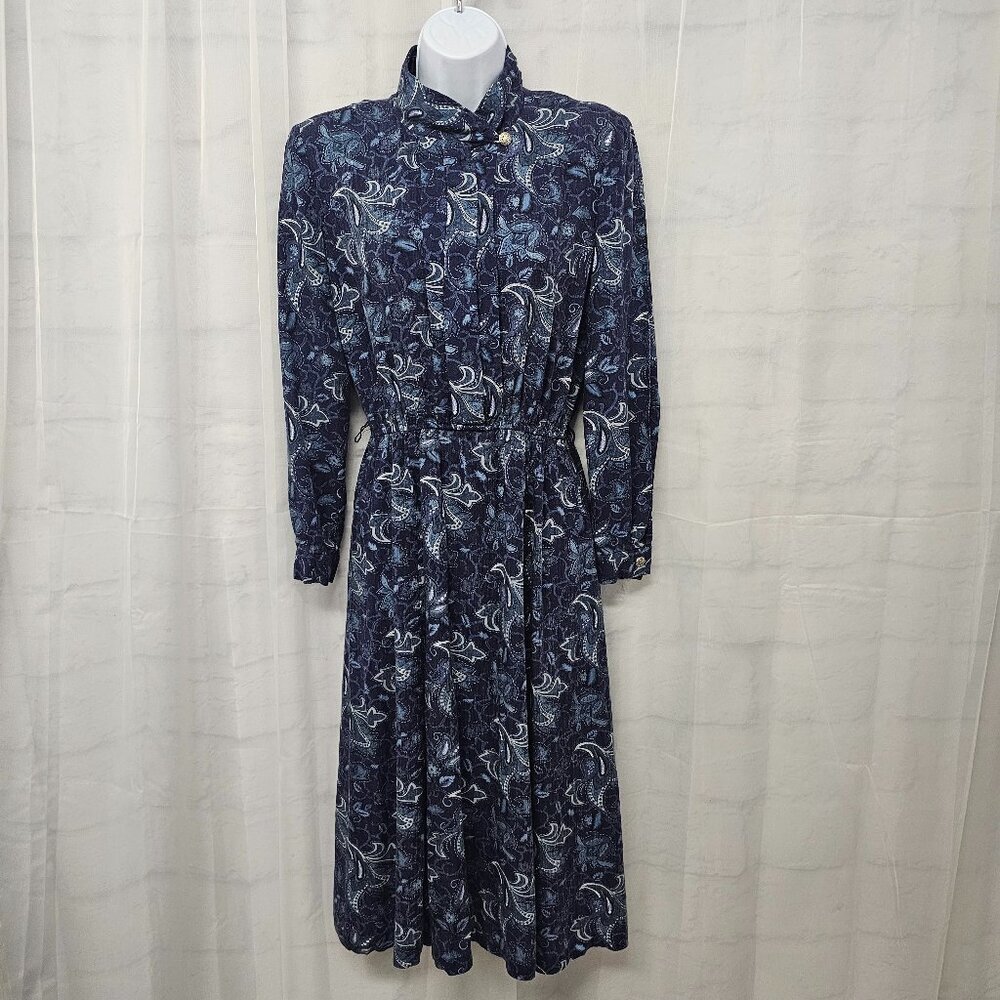 Vintage Leslie Fay Blue Floral Midi Dress Boho 6P